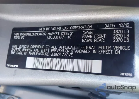 2017 Volvo S60 T5 Dynamic z USA, uszkodzony, nr VIN YV140MTL3H2434602